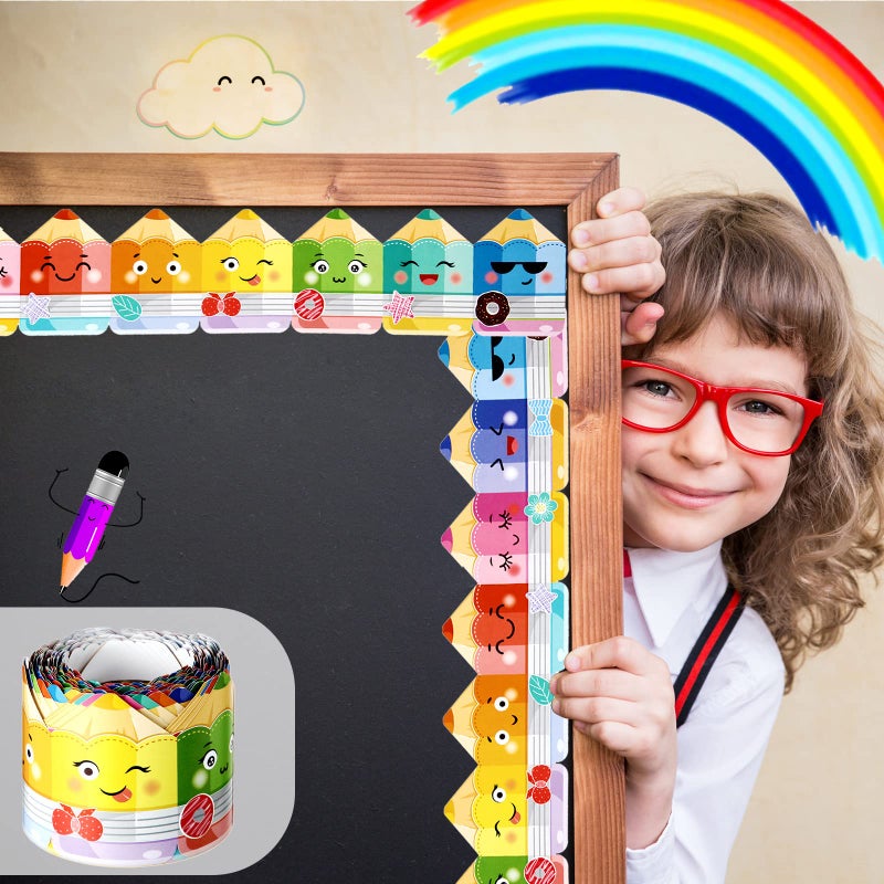 Eersida 65.6 ft Colorful Pencil Bulletin Board Borders Cute Faces Pencils Border Trim Pencils Paper Cutouts Classroom Decorations for Preschool Daycare Kindergarten Chalkboard Desks Windows (Pencil) - Image 4