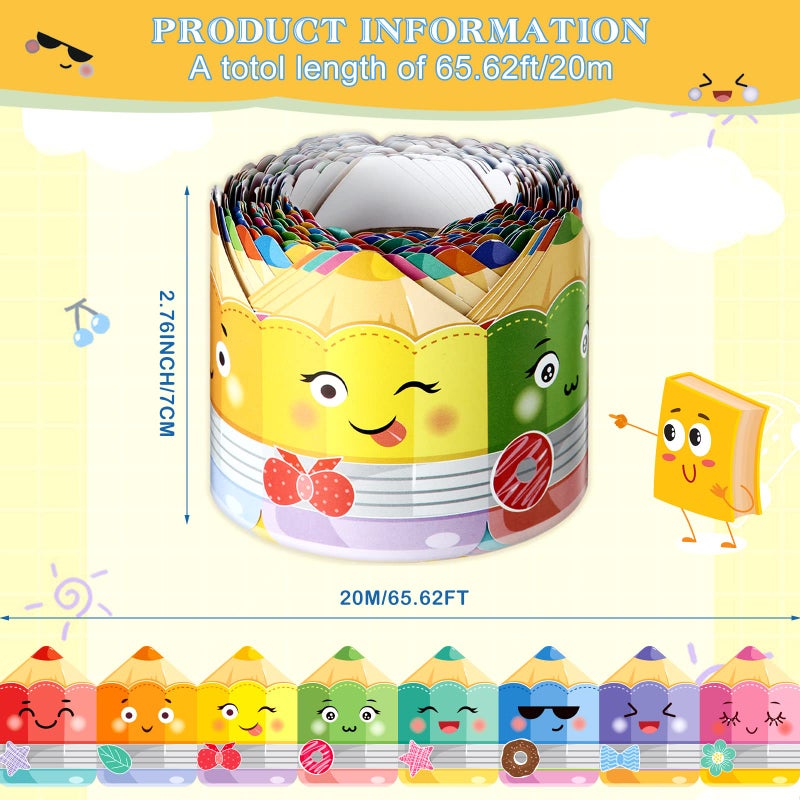 Eersida 65.6 ft Colorful Pencil Bulletin Board Borders Cute Faces Pencils Border Trim Pencils Paper Cutouts Classroom Decorations for Preschool Daycare Kindergarten Chalkboard Desks Windows (Pencil) - Image 2