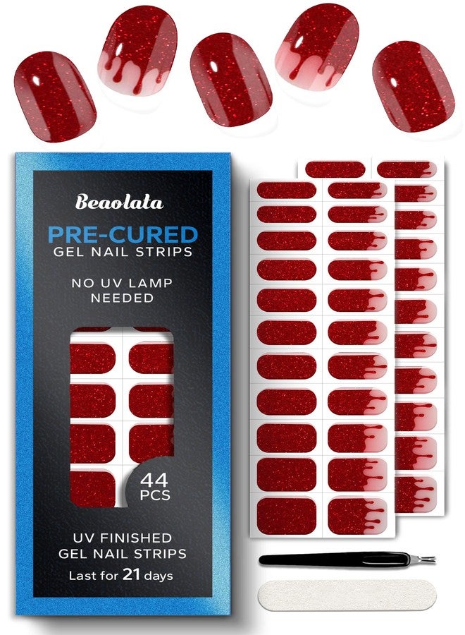 Beaolata Real Gel Nail Strips (No UV Light Needed) - 44Pcs Salon Quality Nail Stickers - Long Lasting Polish Wraps for Women, Easy Apply & Remove (Ruby Glitter) - Image 1