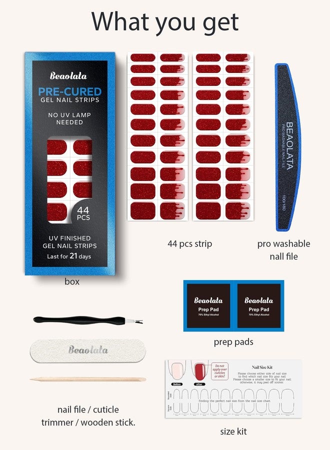 Beaolata Real Gel Nail Strips (No UV Light Needed) - 44Pcs Salon Quality Nail Stickers - Long Lasting Polish Wraps for Women, Easy Apply & Remove (Ruby Glitter) - Image 5