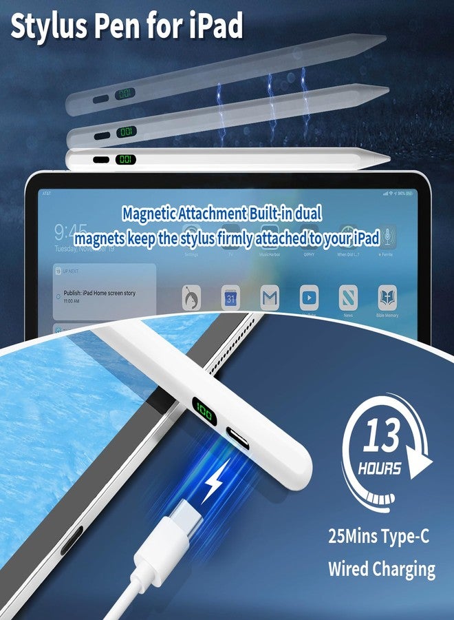 HFENGZN Stylus Pen for iPad 10th&9th, LED Power Display iPad Pencil Fast Charge iPad Pen with Palm Rejection Stylus for iPad Air 3/4/5/M2, iPad Mini 5/6, iPad 6/7/8/9/10, iPad Pro 11"/12.9"/M4 (White) - Image 4