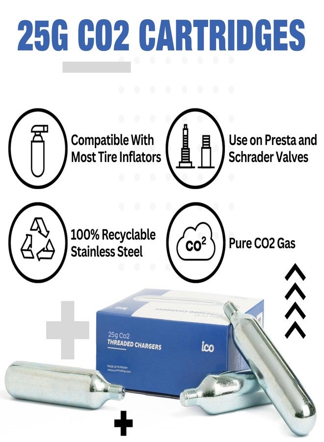 ICO CO2, 10pcs, 25g Threaded CO2 Cartridges, CO2 Cartridges for Use with CO2 Inflator for Bike Tires, C02 Cartridges for MTB & Road Bikes, Food Grade CO2 - Image 2