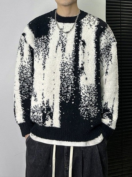 Trendy Chinese-Style Ink Gradient Stylish Mens Sweater for Autumn and Winter, New Fashion Street High-End Knit Sweater Black
