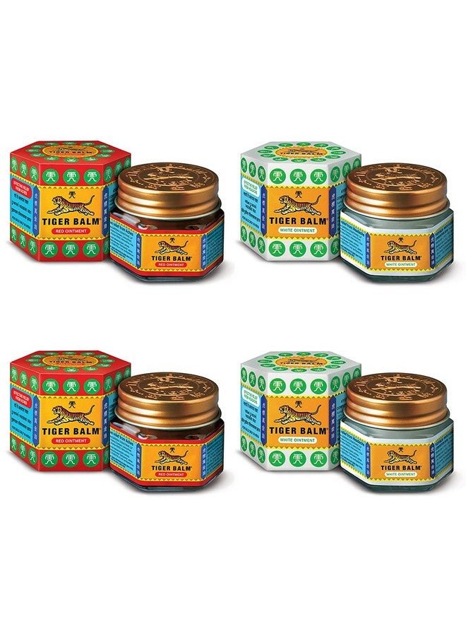 Tiger Balm مرهم تايجر بالمر الأحمر والأبيض | 21 مل لكل منهما | عبوة من 4 | مرهم آيروفيدي لتخفيف الألم | تخفيف فعال من آلام المفاصل والجسم والركبة، وآلام العضلات، والالتواء | 2 أحمر و2 أبيض | عبوة كومبو - Image 1