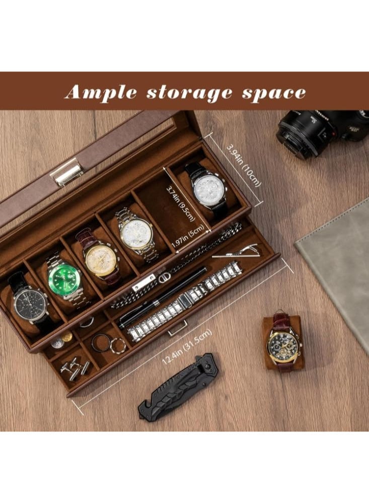 Maanys Watch Box Organizer for Men 6 Slot Watch Case with Glass Lid & Drawer Double Layer Watch Holder & Jewelry Storage Box Gifts for Men and Travel Case - Image 5