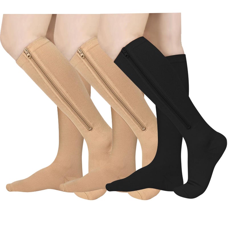 3 Pairs Zipper Compression Socks 1520 mmHg Closed Toe Compression Stocking with Zipper for Women and Men