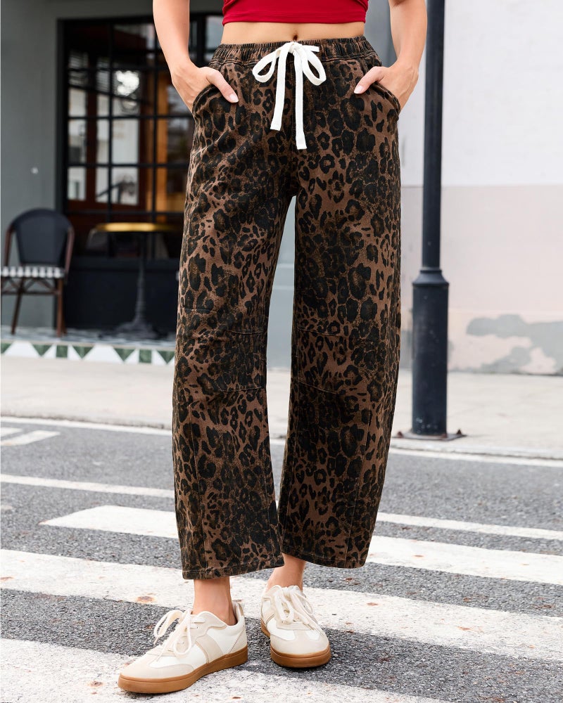 Vetinee Elastic Waist Wide Leg Jeans Woman Womens Animal Print Jeans Elastic Waist Pants for Women Leopard Barrel Pants Women Brown Leopard Large - Image 4
