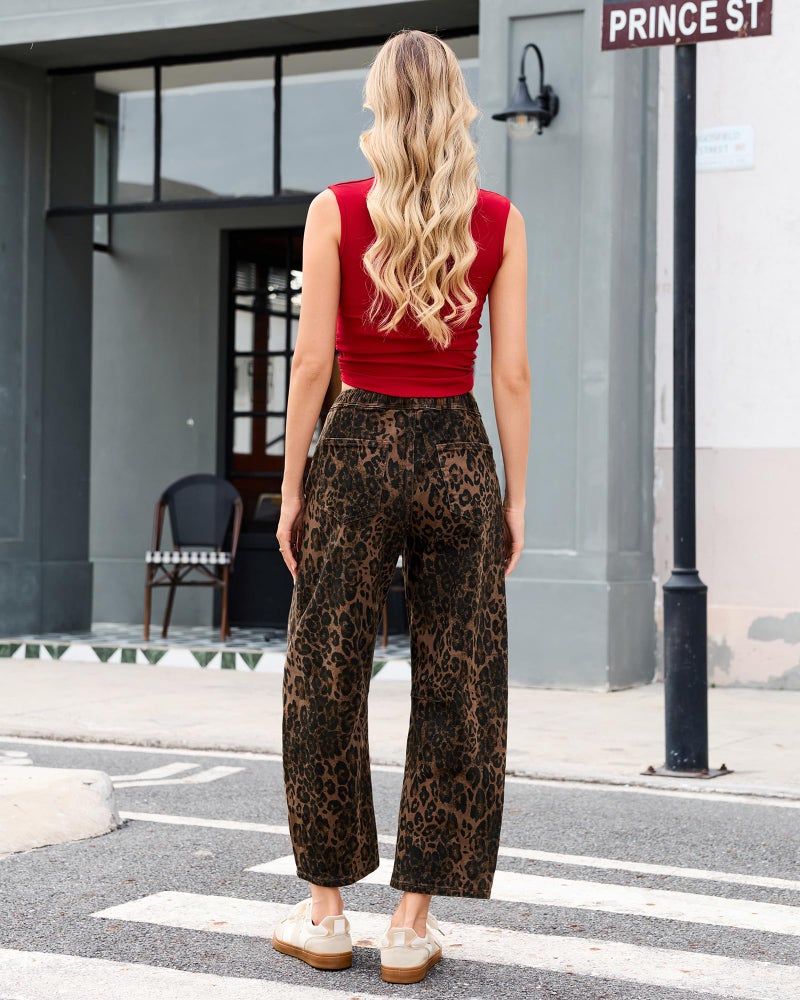 Vetinee Elastic Waist Wide Leg Jeans Woman Womens Animal Print Jeans Elastic Waist Pants for Women Leopard Barrel Pants Women Brown Leopard Large - Image 2