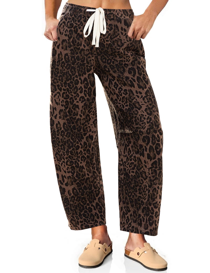 Vetinee Elastic Waist Wide Leg Jeans Woman Womens Animal Print Jeans Elastic Waist Pants for Women Leopard Barrel Pants Women Brown Leopard Large - Image 1
