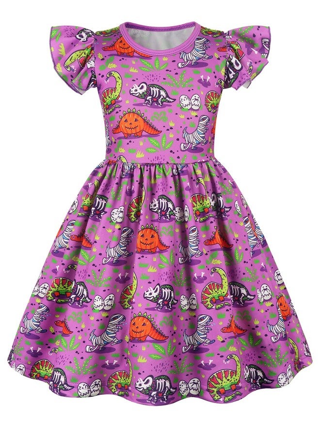 WonderBabe Girls Dresses Flutter Sleeve Dinosaur Print Casual Dress Kids A-Line Cute Midi Casual Sundress Size 9-10 - Image 1
