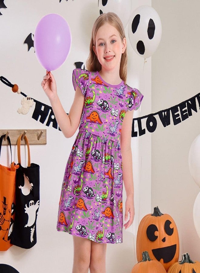 WonderBabe Girls Dresses Flutter Sleeve Dinosaur Print Casual Dress Kids A-Line Cute Midi Casual Sundress Size 9-10 - Image 2