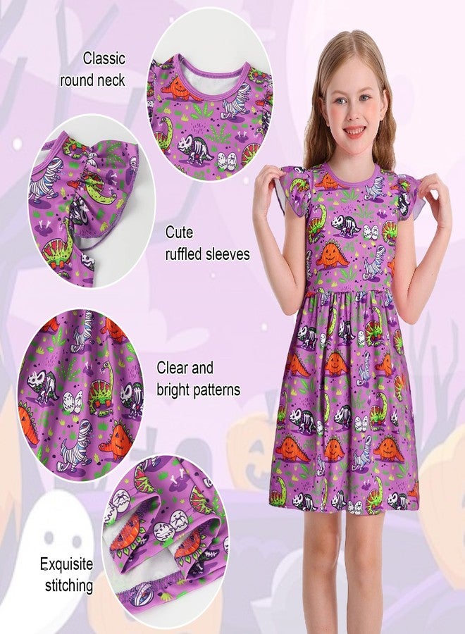 WonderBabe Girls Dresses Flutter Sleeve Dinosaur Print Casual Dress Kids A-Line Cute Midi Casual Sundress Size 9-10 - Image 3