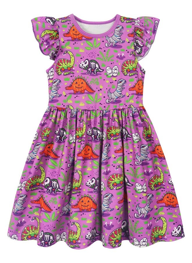 WonderBabe Girls Dresses Flutter Sleeve Dinosaur Print Casual Dress Kids A-Line Cute Midi Casual Sundress Size 9-10 - Image 4