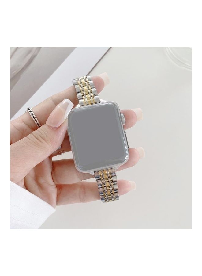نيبمينينت سوار بديل من المعدن بسبعة صفوف لساعة أبل سيريس 7/6/SE/5/4/3/2/1 مقاس 45/44/42 مم فضي/ذهبي - Image 1