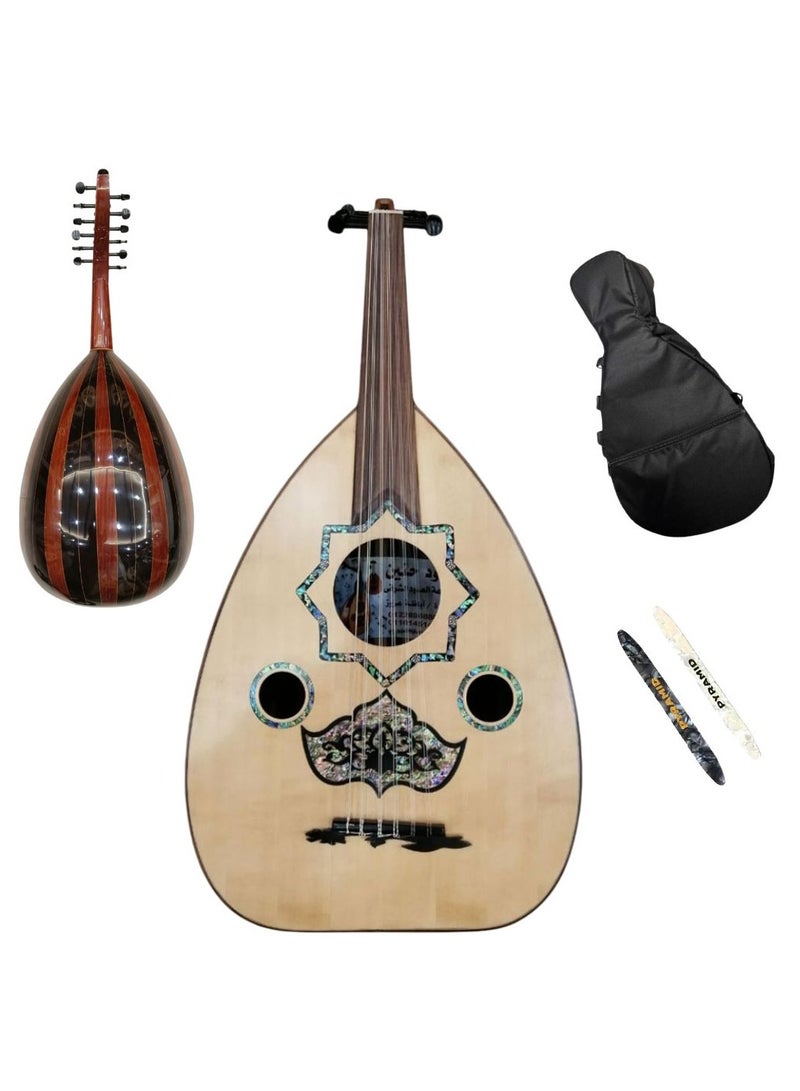 Al-Karz Music Luxurious Abaza Azouz Oud includes a padded bag and two pyramid picks. 