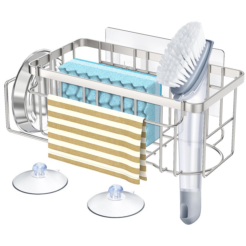 StorageRight 4in1 Sponge Holder for Kitchen Sink Kitchen Organizers and Storage with Adhesive Hook  Suction Cups Rustproof Sink Caddy for Kitchen Decor Kitchen Sink Organizer  Silver