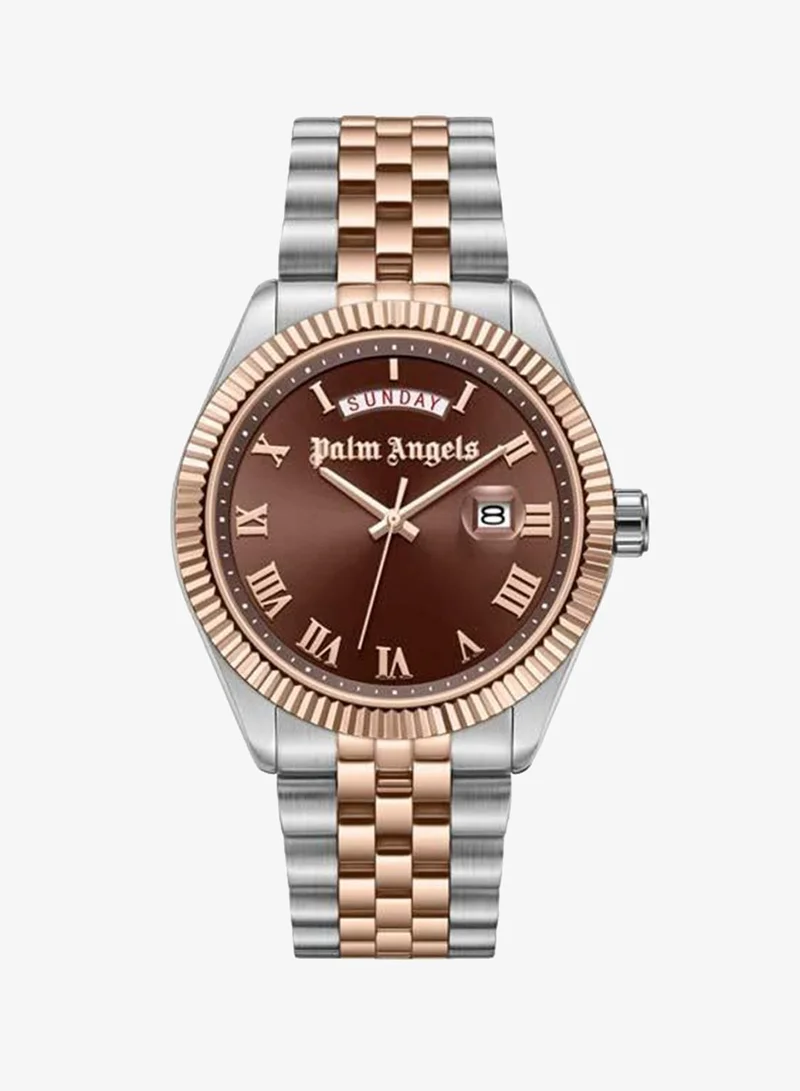 بالم انجلز Primo Brown Dial Silver Rose Gold Stainless Steel Bracelet Analog Watch for Men, 42mm