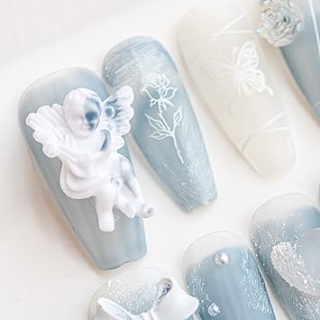 Sun&Beam Nails SunBeam Nails Handmade Press On Nail Coffin Ballerina 3D Accessories Blue Acrylic Fake Tip Design Art Charms Cute with Storage Box 10 Pcs L - Image 3