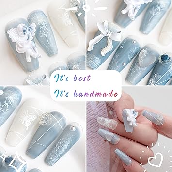 Sun&Beam Nails SunBeam Nails Handmade Press On Nail Coffin Ballerina 3D Accessories Blue Acrylic Fake Tip Design Art Charms Cute with Storage Box 10 Pcs L - Image 2