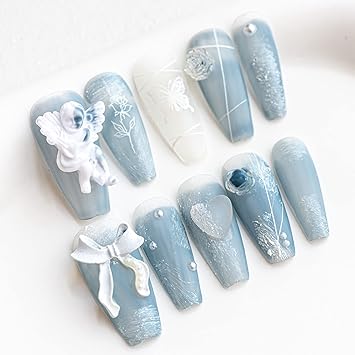 Sun&Beam Nails SunBeam Nails Handmade Press On Nail Coffin Ballerina 3D Accessories Blue Acrylic Fake Tip Design Art Charms Cute with Storage Box 10 Pcs L - Image 1