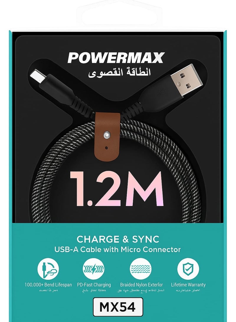باور ماكس كابل USB-A إلى Micro USB بطول 1.2 متر | شحن سريع | نايلون مضفر | متين ومضاد للتشابك | أسود - Image 1