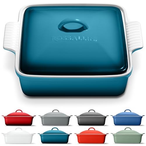 ROSSALLINI Stoneware Casserole Dish Bakeware with Lid | Covered Square Dinnerware | Large 2.5 Quart, [Ocean Blue] - Image 1