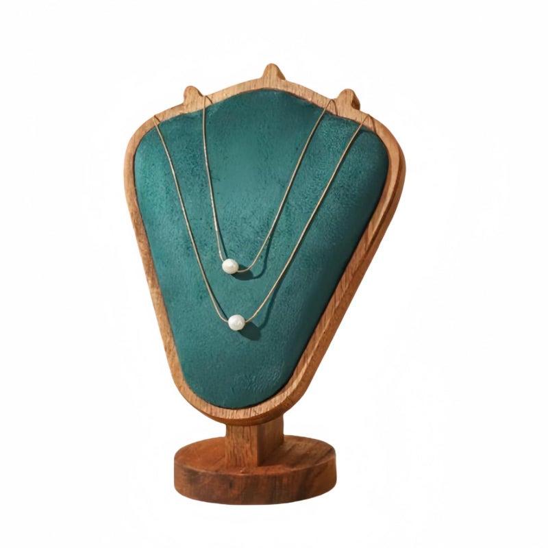 SWTOOL Walnut Color Body Wood Necklace Display Stand with Green Flannelette Soft Mat Necklace Holder Organizer Desktop Stand for Home Store Dresser-3.3"x5.8"x8.4" - Image 1