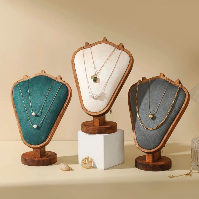 SWTOOL Walnut Color Body Wood Necklace Display Stand with Green Flannelette Soft Mat Necklace Holder Organizer Desktop Stand for Home Store Dresser-3.3"x5.8"x8.4" - Image 3