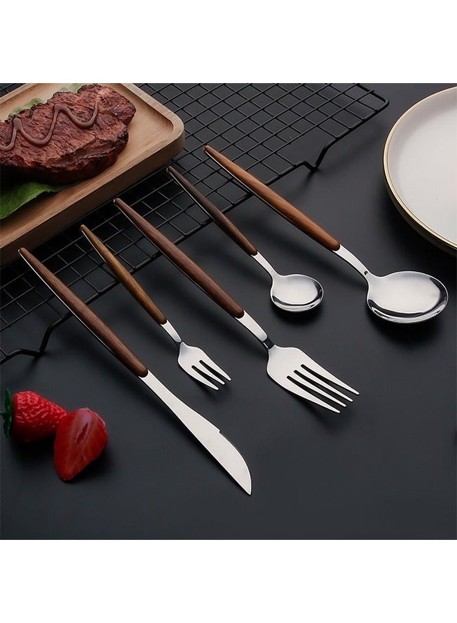 5 Pcs Silverware Tableware Set with Wooden Handle, Creative 304 Stainless Steel Anti Rust Mirror Retro Wooden Flatware, Knife Spoons And Forks Restaurant Kitchen Utensil (Silver) - Image 4