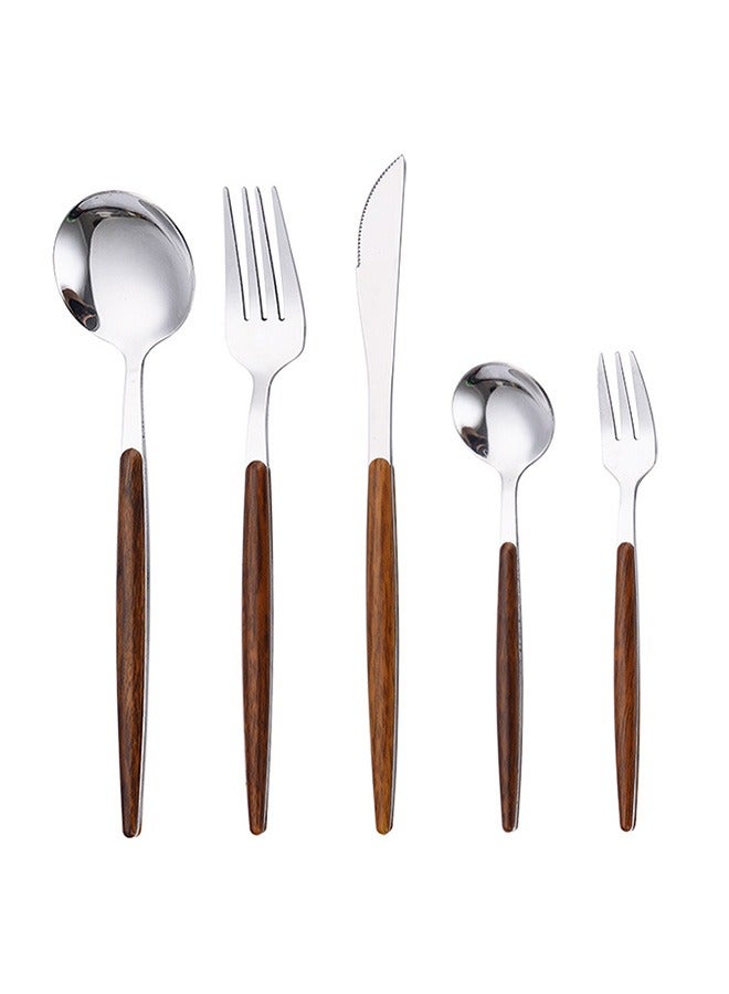 5 Pcs Silverware Tableware Set with Wooden Handle, Creative 304 Stainless Steel Anti Rust Mirror Retro Wooden Flatware, Knife Spoons And Forks Restaurant Kitchen Utensil (Silver) - Image 1