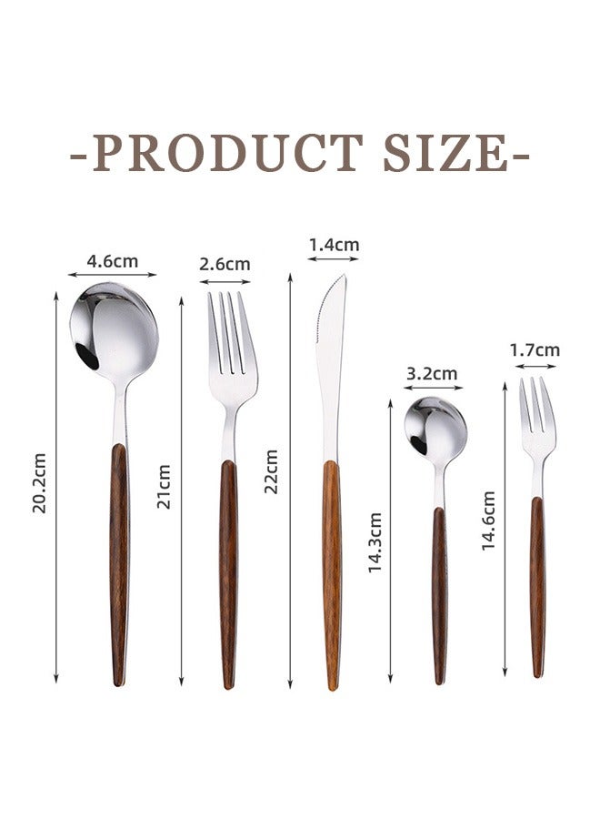 5 Pcs Silverware Tableware Set with Wooden Handle, Creative 304 Stainless Steel Anti Rust Mirror Retro Wooden Flatware, Knife Spoons And Forks Restaurant Kitchen Utensil (Silver) - Image 2
