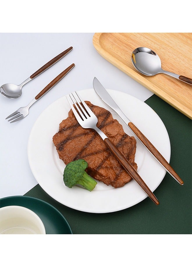 5 Pcs Silverware Tableware Set with Wooden Handle, Creative 304 Stainless Steel Anti Rust Mirror Retro Wooden Flatware, Knife Spoons And Forks Restaurant Kitchen Utensil (Silver) - Image 5