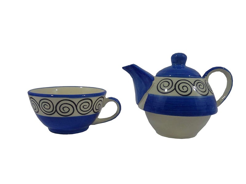Caffeine Ceramic Microwave Safe Hand Printed Blue Doodle 2 in 1 Teapot with Cup Excellent Gift for Any Occasion: Holidays, Anniversaries, Birthday, Appreciation (Set of 1)