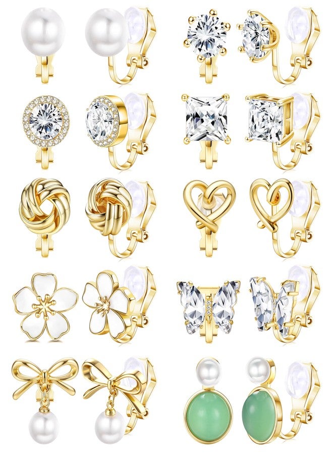 THUNARAZ Gold Clip On Earrings for Women Comfortable Non Pierced Pearl CZ Twist Heart Flower Butterfly Clip Earrings Set Hypoallergenic Fake Clip on Stud Earrings Jewelry, Zinc Cubic Zirconia, Cubic - Image 1