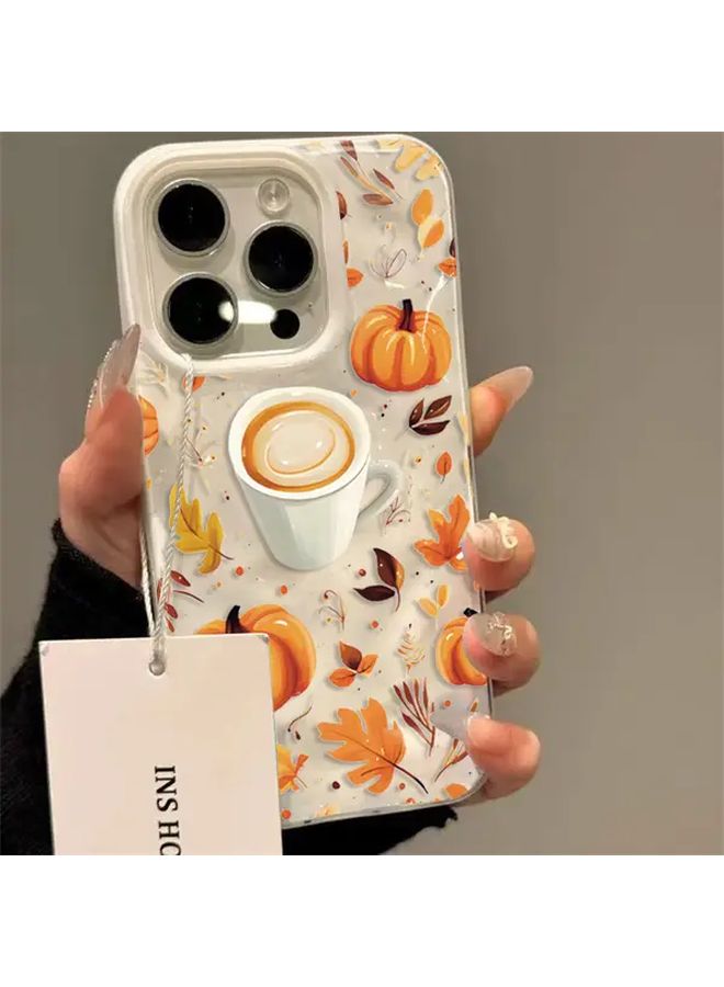 Pumpkin Autumn Leaves With Coffee Print Design Phone Case Mixed Color 4 For iPhone 17 Pro Max Shockproof Soft Cover Halloween Holiday Seasonal Coffee Theme Uv Printed Lightweight Phone Accessory - Image 1