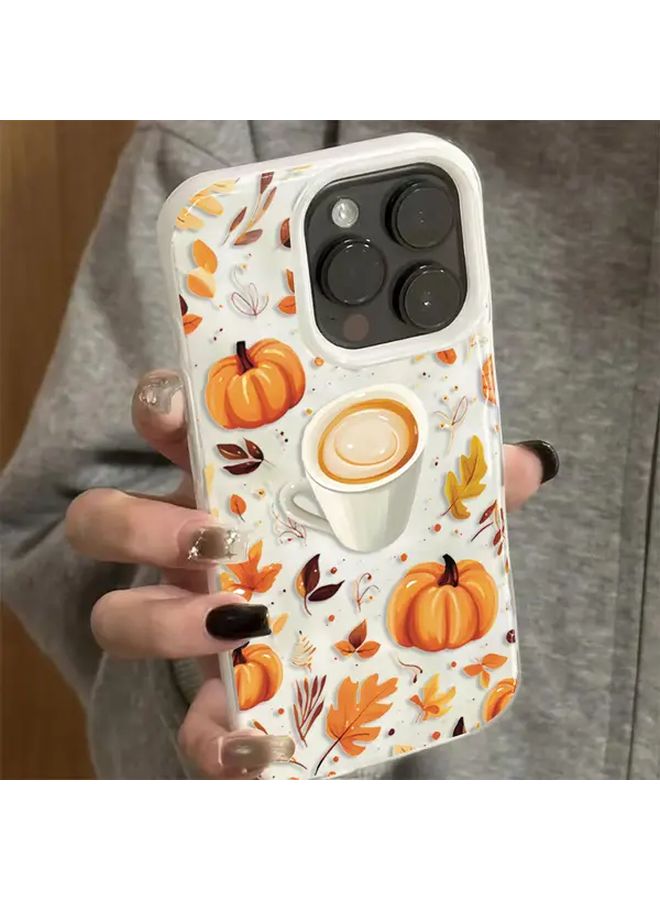 Pumpkin Autumn Leaves With Coffee Print Design Phone Case Mixed Color 4 For iPhone 17 Pro Max Shockproof Soft Cover Halloween Holiday Seasonal Coffee Theme Uv Printed Lightweight Phone Accessory - Image 4