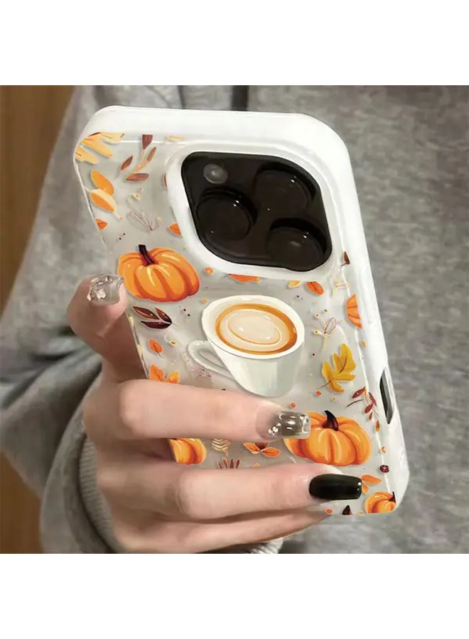 Pumpkin Autumn Leaves With Coffee Print Design Phone Case Mixed Color 4 For iPhone 17 Pro Max Shockproof Soft Cover Halloween Holiday Seasonal Coffee Theme Uv Printed Lightweight Phone Accessory - Image 2