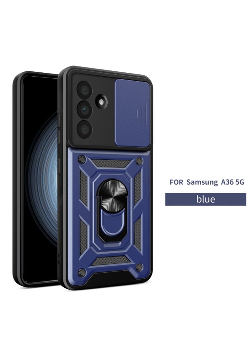 for Samsung Galaxy A36 5G Case Cover, Slide Camera Lens Cover, Magnetic Ring Holder Kickstand Protective Phone Case for Samsung Galaxy A36 5G, Blue 