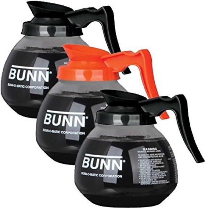 Bunn Coffee Pot Decanter/Carafe, 2 Black Regular and 1 Orange Decaf, 12 Cup Capacity, Set of 3 - Image 1