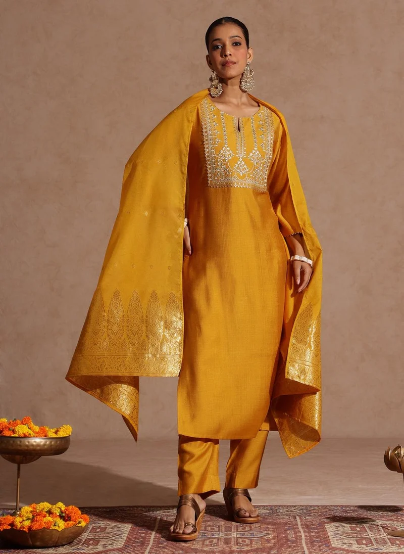 ZERESOUQ Mustard Silk Blend Embroidered 3-Piece Kurta Set
