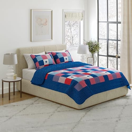 Lavish Home 3-Piece Caroline Patriotic Quilt Set - Americana Stars and Plaid Patchwork Bedding - Full/Queen Bed Spread with 2 Pillow Shams by Lavish Home - Image 2