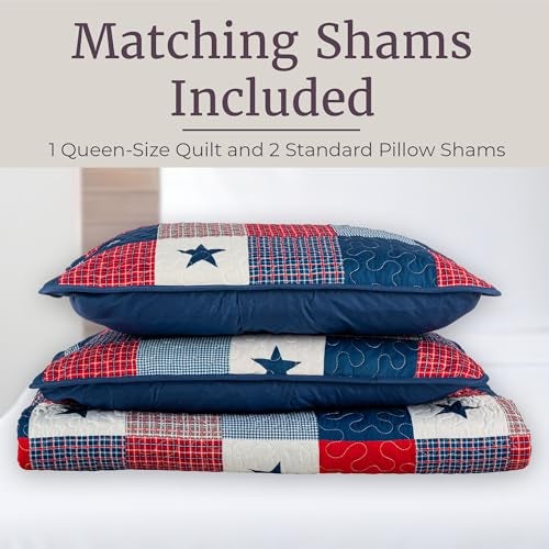 Lavish Home 3-Piece Caroline Patriotic Quilt Set - Americana Stars and Plaid Patchwork Bedding - Full/Queen Bed Spread with 2 Pillow Shams by Lavish Home - Image 5