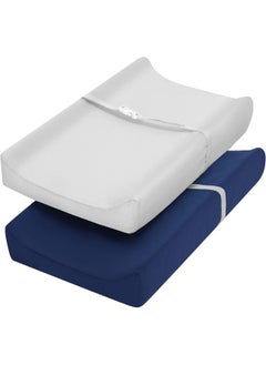 TILLYOU TILLYOU Jersey Knit Ultra Soft Changing Pad Cover Set, Unisex Diaper Change Table Sheets for Baby Boys Girls, Fit 32"/34''x16" Contoured Pad, Comfy Cozy 2-Pack Cradle Sheets, Navy Blue & Lt Gray  - Image 1