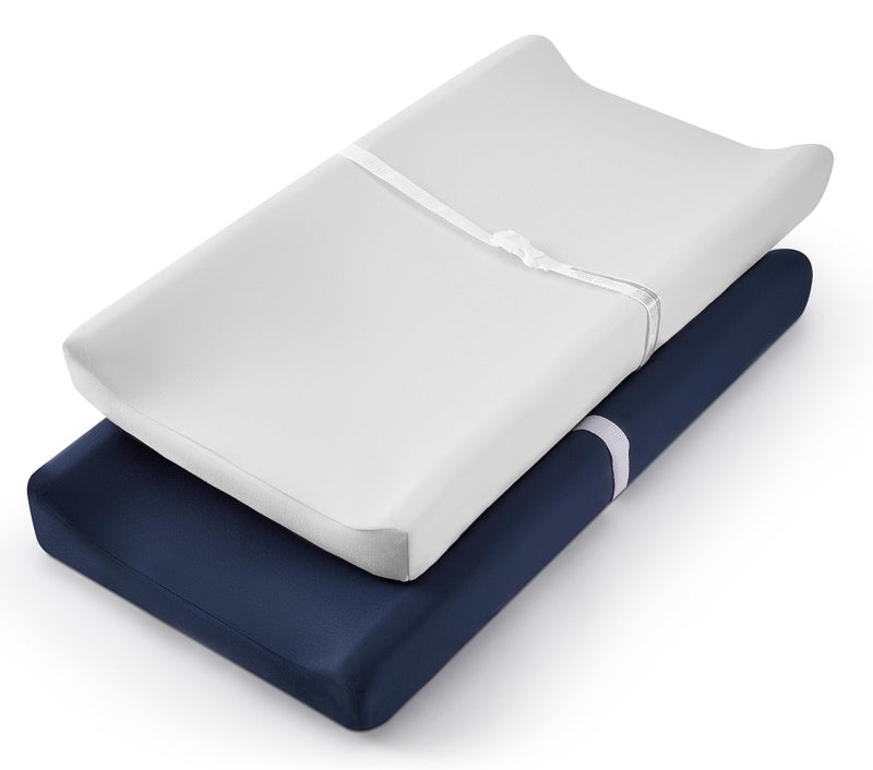 TILLYOU Changing Pad Cover Set in Soft Jersey Material - Fits 32"/34''x16 Contoured Pad for Babies, Navy Blue & Lt Gray - Image 1