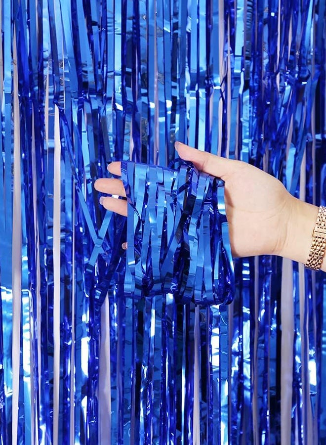 Goldedge Metallic Tinsel Foil Fringes Curtains Party Photo Backdrop for Birthday Decorations 2-Piece Set, 100 x 200 cm Size, Blue  - Image 2