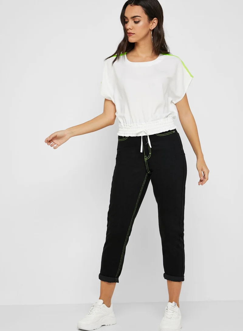 Ginger Contrast Sleeve Drawstring Hem Top