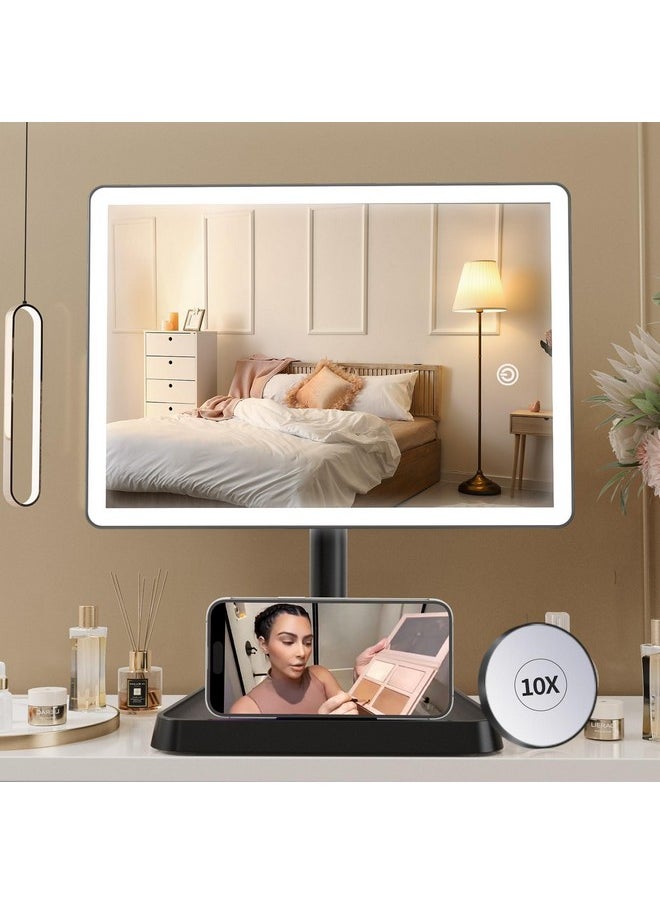 FUNTOUCH Rechargeable Makeup Vanity Mirror With Lights, Large Lighted Desk Makeup Mirror With 96 Led Lights And 10X Magnifying Mirror, 3 Color Lighting, Make Up Light Mirror With Phone Holder  - Image 1