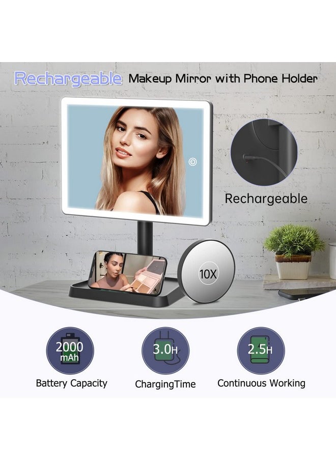 FUNTOUCH Rechargeable Makeup Vanity Mirror With Lights, Large Lighted Desk Makeup Mirror With 96 Led Lights And 10X Magnifying Mirror, 3 Color Lighting, Make Up Light Mirror With Phone Holder  - Image 2