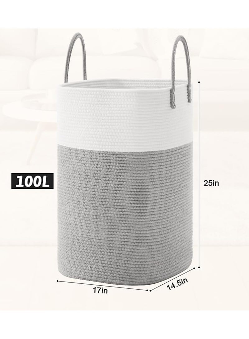سلة غسيل حبل القطن ، 100L تخزين هامبر مع المقبضات ، الأبيض والرمادي ، تصميم منسوج ديكوري للملابس والألعاب - Image 5