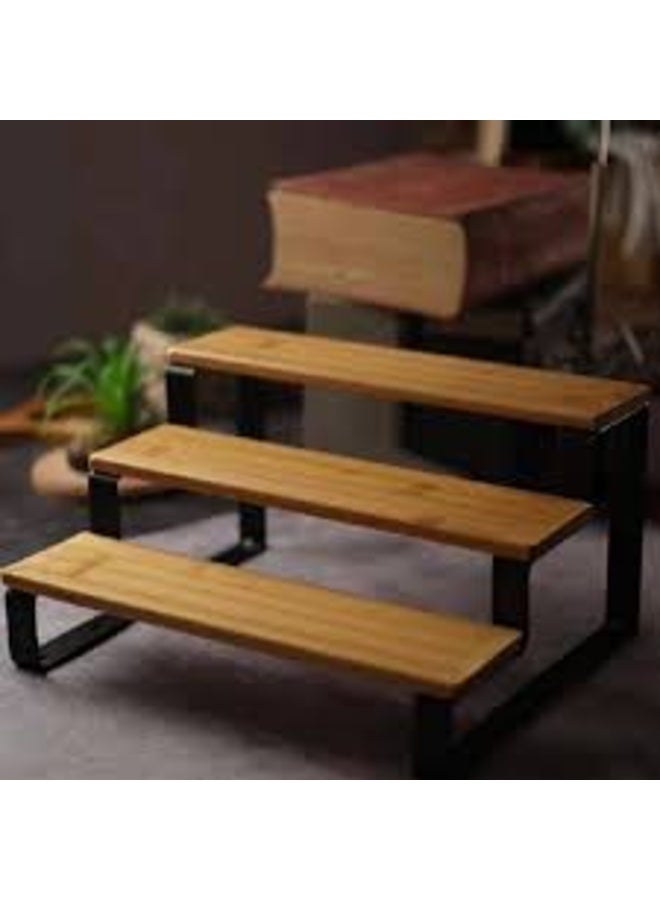 3-Tier Wooden Spice and Kitchen Organizer with Black Metal Frame – Versatile Storage and Display Stand - Image 1